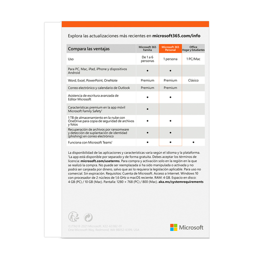 Microsoft Office 365 Personal / Licencia 1 año / 1 usuario / PC / Laptop / Mac / Dispositivos móviles